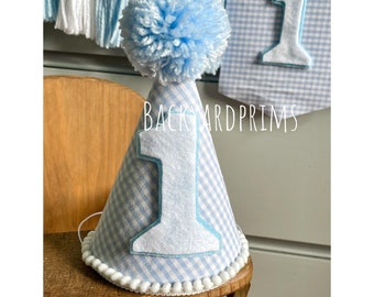 Blue Gingham First Birthday Party Hat with Felt Number