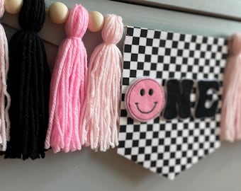 Groovy One Happy Babe Highchair Banner: Pink Smiley Face 1st Birthday