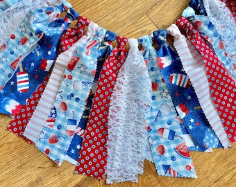 Handmade Patriotic Fabric Garland, Red White Blue Americana Banner, 4th July Decor