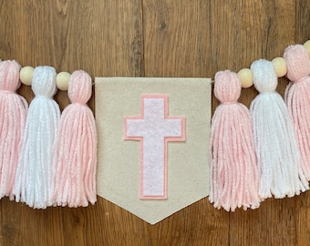 Baptism Garland, Christening highchair banner,  girl banner, pink banner, Cross  banner, tassel banner, Baby gift, Dedication decor