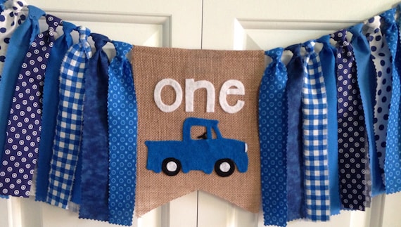 Free Ship Little Blue Truck Highchair banner ~photo prop ~1st Birthday ~cake smash ~birthday banner ~rag tie garland~party decor Il_570xn