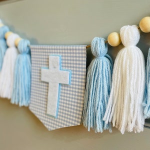 Baptism Tassel Garland, boy Christening highchair banner, Blue Gingham Highchair banner, Cross Baptism banner, Baby Dedication decoration image 2