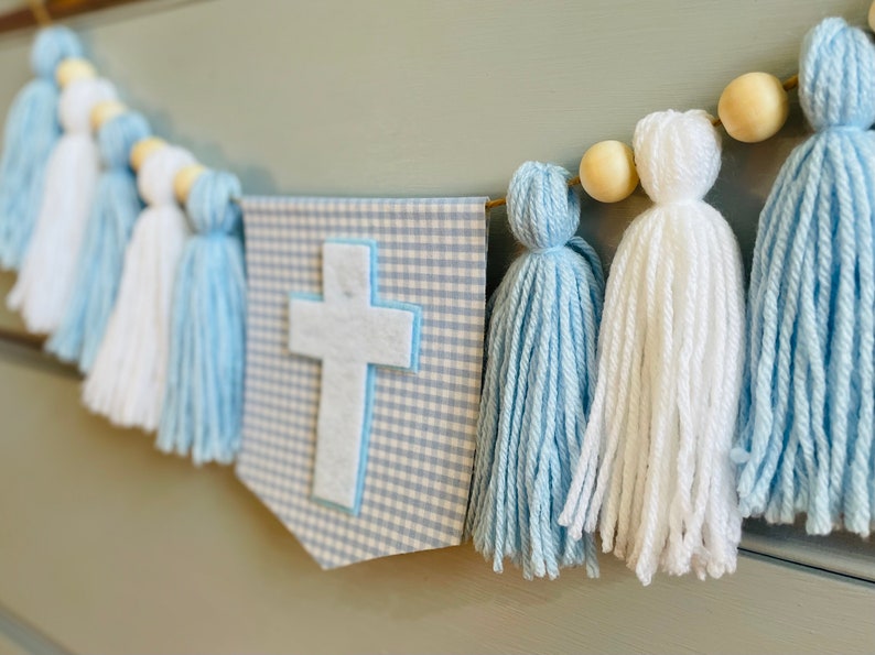 Baptism Tassel Garland, boy Christening highchair banner, Blue Gingham Highchair banner, Cross Baptism banner, Baby Dedication decoration image 2