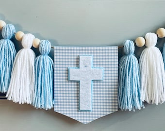 Baptism Tassel Garland, boy Christening highchair banner,  Blue Gingham Highchair banner, Cross Baptism banner, Baby Dedication decoration