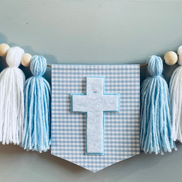 Baptism Tassel Garland, boy Christening highchair banner,  Blue Gingham Highchair banner, Cross Baptism banner, Baby Dedication decoration