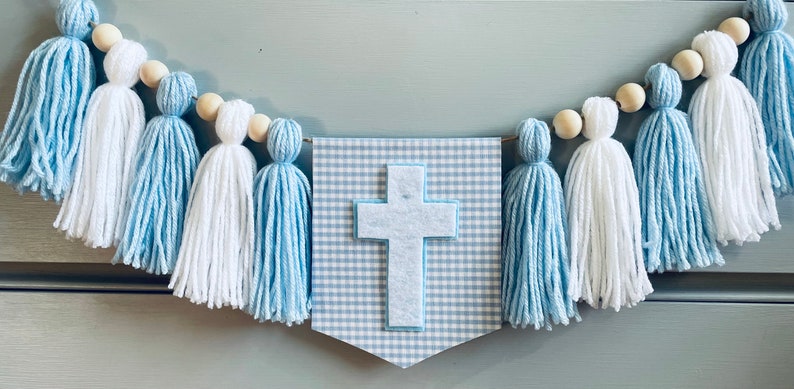 Baptism Tassel Garland, boy Christening highchair banner, Blue Gingham Highchair banner, Cross Baptism banner, Baby Dedication decoration image 1