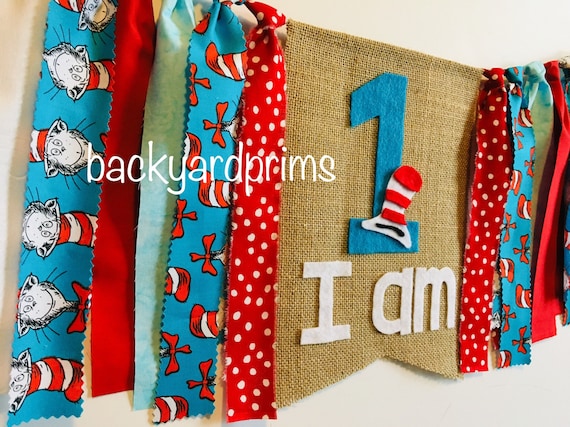 Red Aqua fabric garland , high chair banner, 1st Birthday, party banner, rag banner, kids party, dr Seuss party Il_570xn