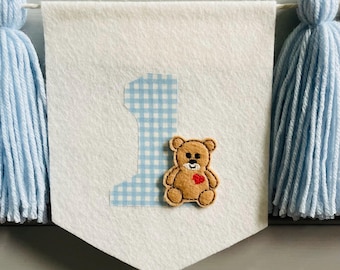 Teddy Bear 1st Birthday Banner, Blue Gingham Felt Garland