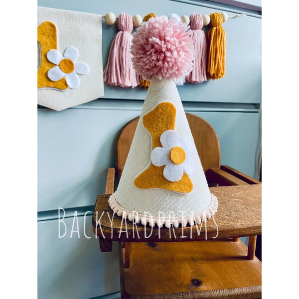 Boho Daisy 1st Birthday Hat, boho birthday hat, Girl 1st Birthday hat, Groovy hat, Wildflower decor, girl party hat, pink, white & mustard