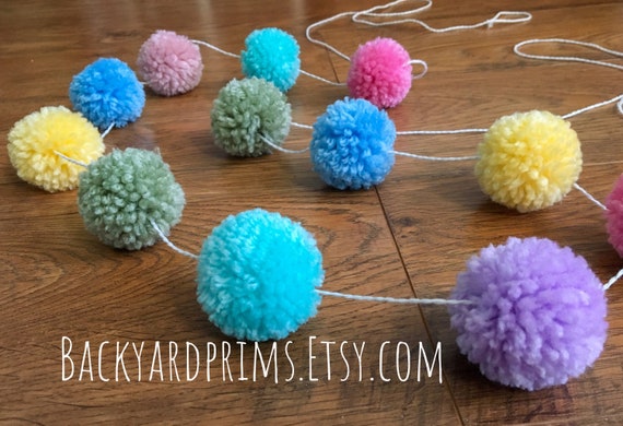 POM POM Garland, pastel rainbow decor, baby shower, yarn Pom Pom tassel  garland, mantel decor, nursery decor by backyardprims