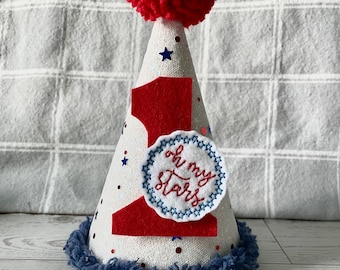 Oh My Stars First Birthday Hat, Red White Blue Party Hat, Patriotic 1st Birthday, Smash Cake Hat, Americana Birthday Cone Hat
