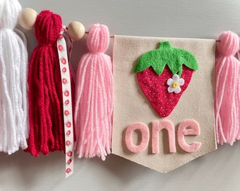 Strawberry 1st Birthday Banner, Wool Felt, Yarn Tassel Garland