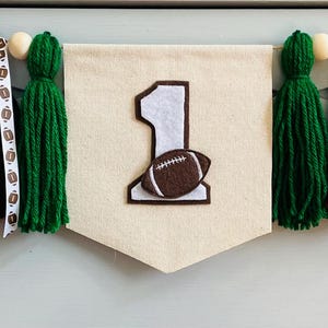 Football high chair banner, First Down, Green, brown, ivory Tassel garland, cake smash backdrop, 1st year down party decor, tailgate banner