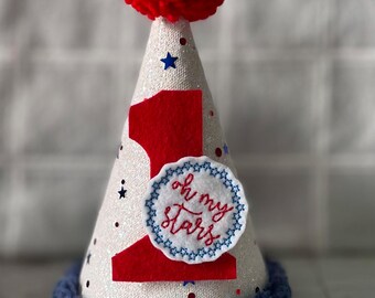 Handmade Patriotic First Birthday Hat, Red White Blue, "Oh My Stars" Cone Smash Cake
