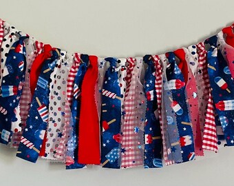Red White Blue fabric garland,  America’s 250th Birthday decor, 4th of July Rag Garland, Patriotic Farmhouse Decor, Americana fabric banner