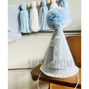 Blue Gingham Party Hat first Birthday hat boy Gingham Birthday Hat Boy Birthday Hat Ready to Ship image 5