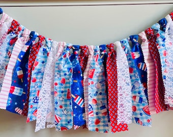 Patriotic Fabric Garland, Red White Blue Americana Banner, 4th of July  Decor, Summer Party Mantel Garland, America’s 250th Birthday decor