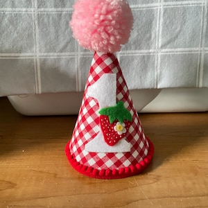 Strawberry Party Hat, Sweet ONE Birthday, 1st Birthday hat, Strawberry gingham hat, strawberry party decor, girl Birthday hat