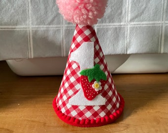 Strawberry Party Hat, Sweet ONE Birthday, 1st Birthday hat, Strawberry gingham hat, strawberry party decor, girl Birthday hat