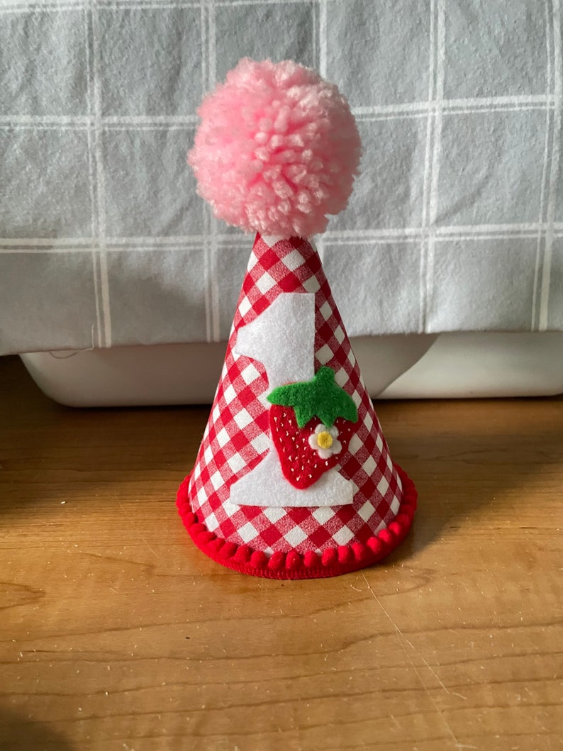 Strawberry Party Hat, Sweet ONE Birthday, 1st Birthday hat, Strawberry gingham hat, strawberry party decor, girl Birthday hat image 1