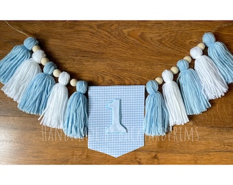 Blue Gingham 1st Birthday Tassel Garland: Highchair Banner