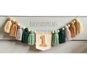 Woodland 1st Birthday banner, Yarn Tassel banner, cake smash backdrop, One year around the Sun Birthday, Earth tones garland, tassel garland