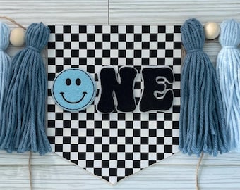 ONE Cool Dude highchair banner, Smiley face 1st Birthday, Blue yarn Tassel garland, smash cake, Birthday highchair banner, ONE Happy Dude