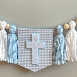 Baptism Tassel Garland, boy Christening highchair banner, Blue Gingham Highchair banner, Cross Baptism banner, Baby Dedication decoration image 5