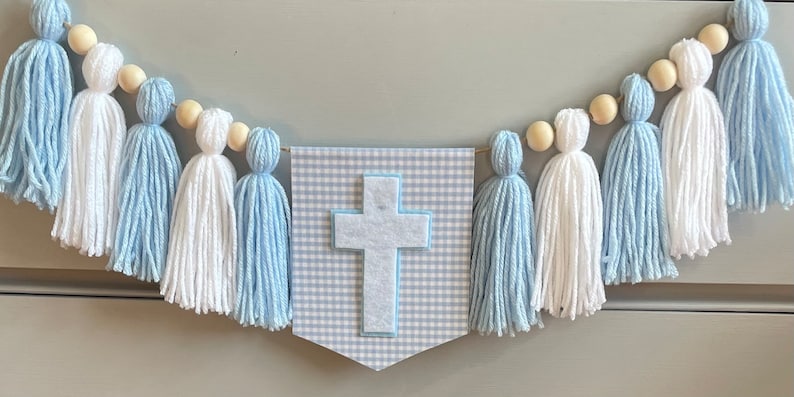 Baptism Tassel Garland, boy Christening highchair banner, Blue Gingham Highchair banner, Cross Baptism banner, Baby Dedication decoration image 5