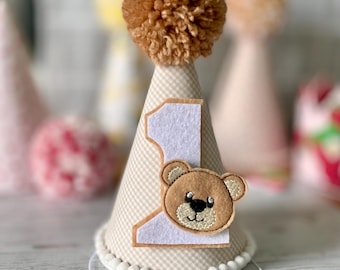 First Birthday Bear Party Hat, Teddy Bear 1st Birthday Hat, Neutral Beige Smash Cake Hat, Boy Girl First Birthday, Pom Pom Cone Hat