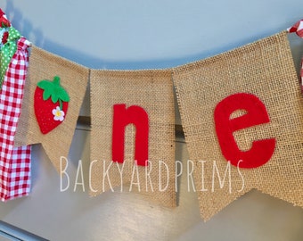 Sweet ONE Strawberry banner with rag ties, high chair banner, photo prop, nursery decor, 1st Birthday party, one burlap banner