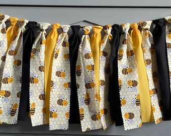 Happy Bee day banner, What Will It Bee party decor, 1st Bee Day smash cake, fabric garland, highchair banner, Honeybee fabric garland