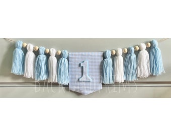 Blue Gingham Garland, boy Birthday highchair banner, Yarn Tassel banner, cake smash backdrop, 1st Birthday yarn tassel garland