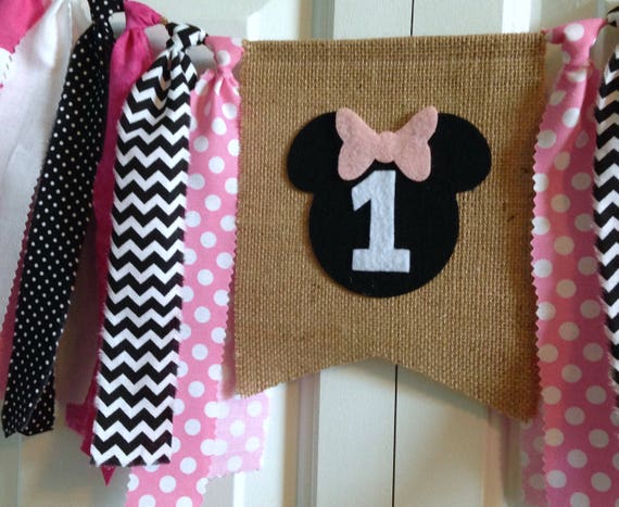 Birthday fabric banner, Minnie inspired party decor, highchair banner, cake smash back drop, 1st Birthday decor, girl birthday party Il_570xn