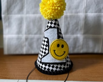 Smiley Face 1st Birthday Party Hat – 2nd Birthday hat, 3rd Birthday decor, ONE Happy Boy, Gingham check party hat