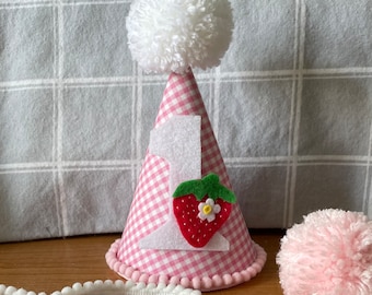 Berry sweet One Birthday hat, Strawberry birthday hat, party hat crown, gingham hat, pink party hat, birthday hat, birthday gift for her