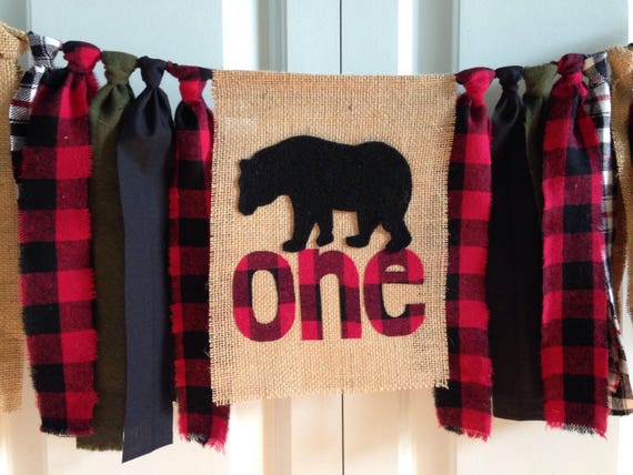 Woodland bear lumberjack Highchair Banner 1st Birthday cake smash photo prop Birthday Banner Burlap Banner Rag Tie Banner Buffalo plaid Il_570xn