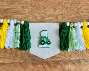 Green Tractor Birthday Banner, Yarn Tassel Garland, Smash Cake Prop