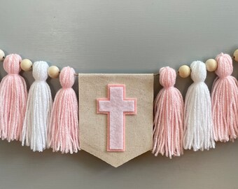 Baptism Garland, Christening highchair banner,  girl banner, pink banner, Cross  banner, tassel banner, Baby gift, Dedication decor