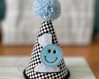 Smiley Birthday Party Hat -1st birthday party hat, ONE Cool Dude party Hat - blue smiley TWO Cool Birthday Hat - kids hat -racing check