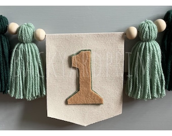 Woodland 1st Birthday banner, Yarn Tassel banner, cake smash backdrop, One year around the Sun Birthday, Earth tones garland, tassel garland