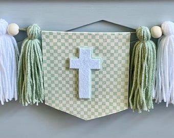 Sage & Ivory Baptism Garland, Cross Tassel Banner, Pale Green Off-White, Christening celebration banner