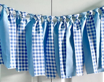 Fabric garland, 1st Birthday, It’s a boy baby shower, blue gingham banner, Nursery decor,  Gift for baby, smash cake photography props
