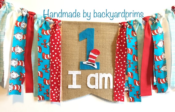 Dr Seuss party theme, Highchair banner, 1st Birthday, party banner, rag banner, Cat in the Hat theme, kids party Il_570xn