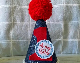 Oh My Stars First Birthday Hat, Red White Blue Party Hat, Patriotic 1st Birthday, Glitter Smash Cake Hat, Americana Birthday Cone Hat