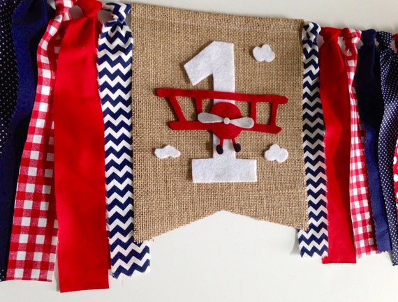 Time Flies 1st Birthday highchair banner Airplane burlap banner red blue rag banner 1st Birthday banner invitations one photo prop aviator Il_570xn