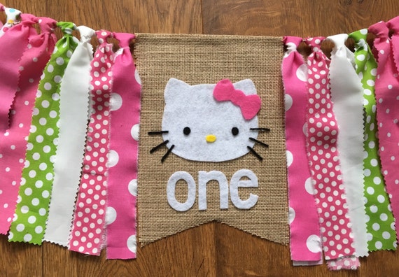Hello Kitty inspired Birthday highchair rag banner high chair banner photo prop banner garland rag tie banner cake smash prop pink kitty cat Il_570xn