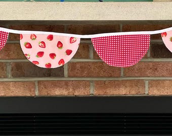 Strawberry & Red Gingham fabric garland- Berry sweet one baby shower- birthday banner decor-  strawberry fabric garland- wall decor