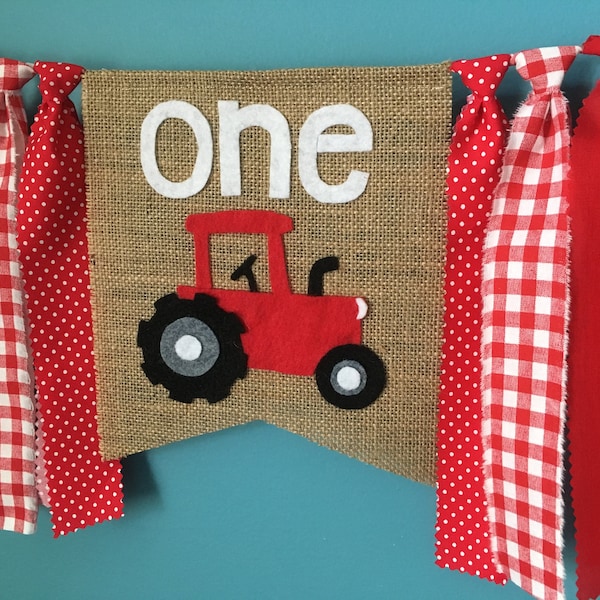 1st Birthday, Red Tractor Birthday Party, Highchair banner, Farm Party decor, barnyard, cake smash photo prop