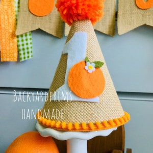 Birthday party hat- Clementine Birthday hat- Our Little Cutie birthday party hat- Little Cutie orange 1st Birthday hat- smash cake prop